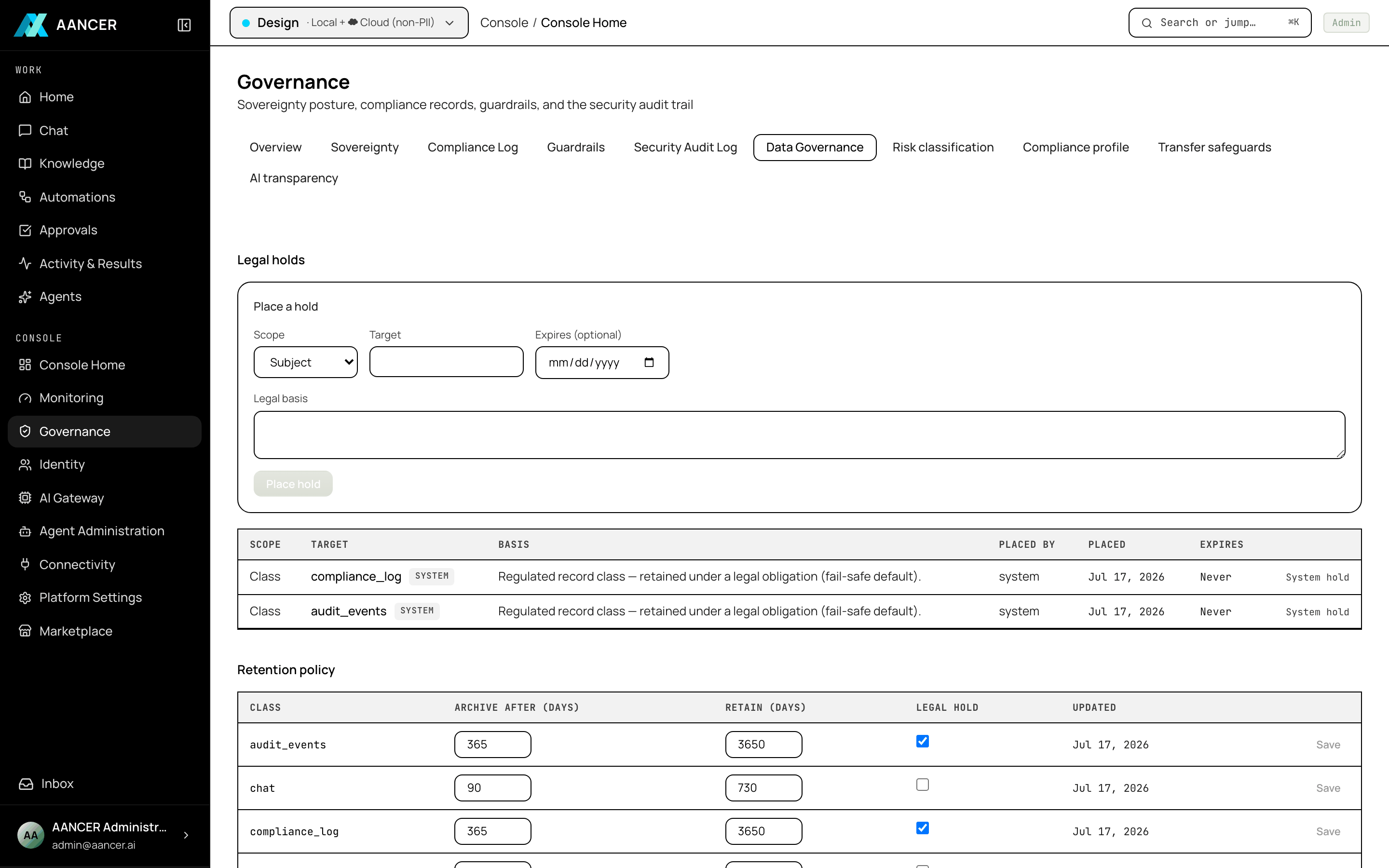 Data governance console